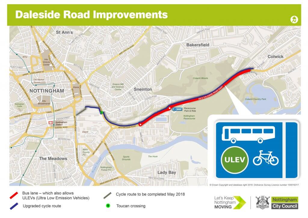 Daleside Road Colwick Loop Road ULEV bus lane map