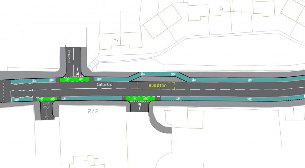 Plan for Carlton Road cycle track around back of bus stop and across side roads
