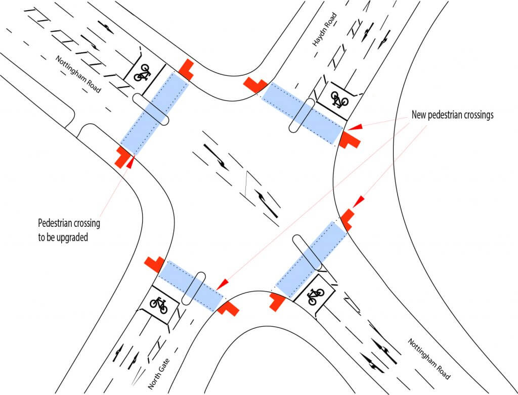 Plan showing new crossings on Haydn Road junction with Nottingham Road