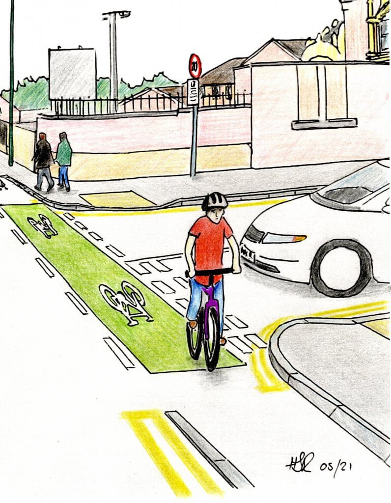 Artistic impression of cycle lane passing side roads