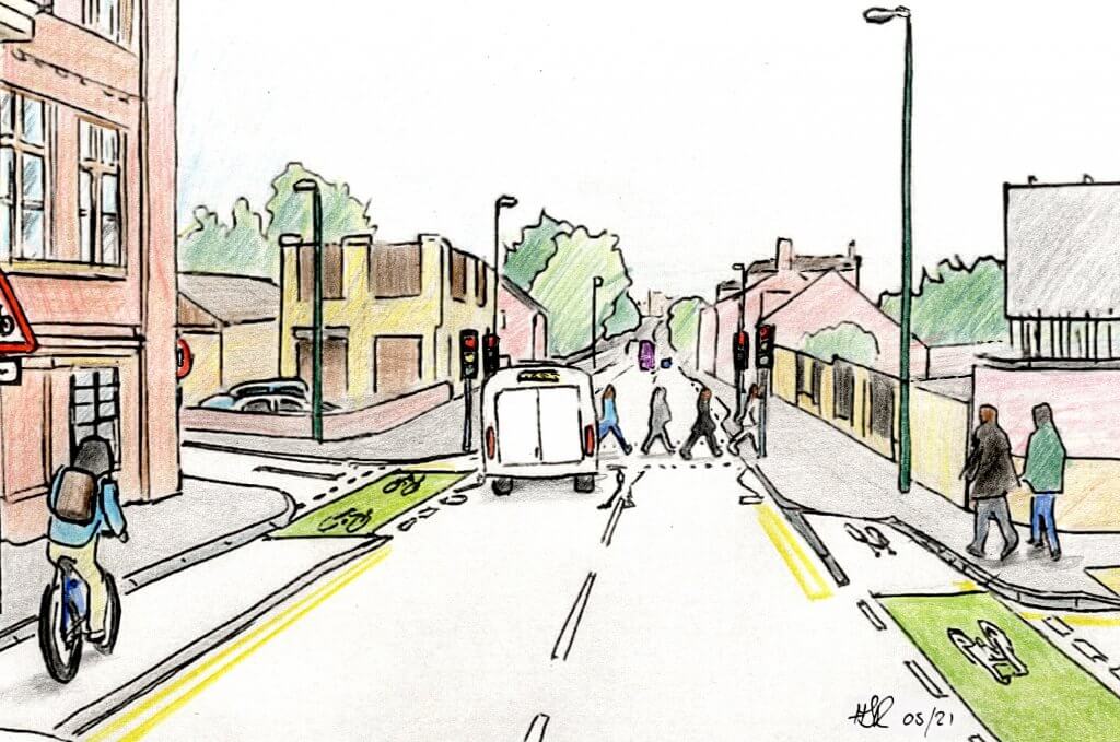 Artistic impression of cycle lane with pedestrian crossing