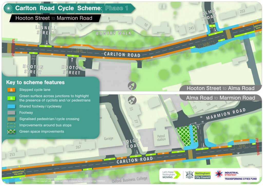 Detailed plan showing stepped cycle lane to be constructed on Carlton Road between Hooton Street and Marmion Road