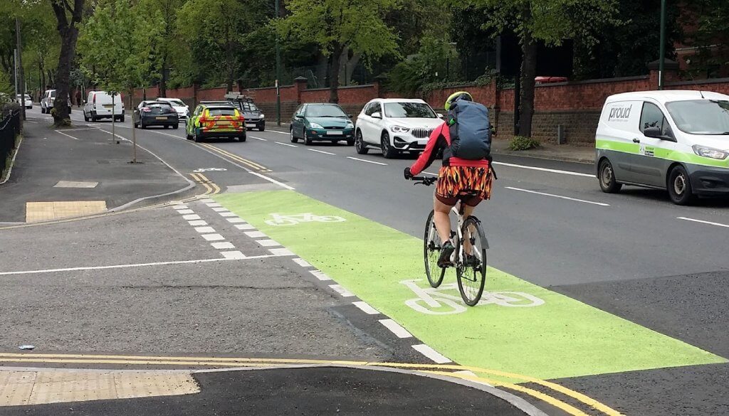Cyclist on new cycleway along Hucknall Road