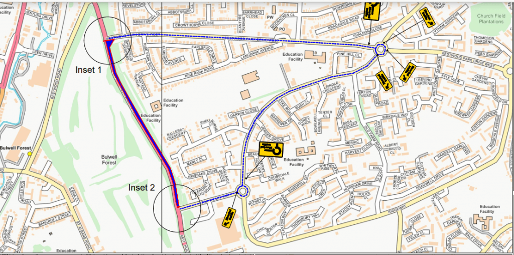 Map showing diversion from road closure between Bestwood Park Drive West and Top Valley Way