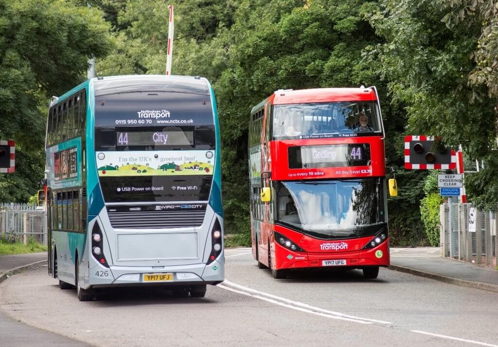 Two biogas buses on Nottingham City Transport's 44 route at Colwick Crossing