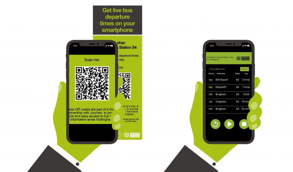 Illustration of how to scan the QR code at bus stops and what will show on your phone on the live departures webpage