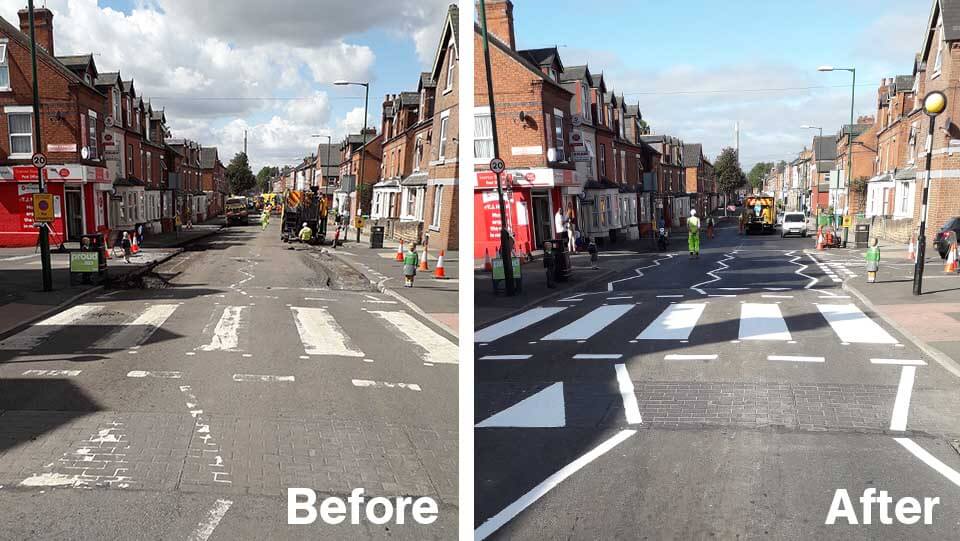 Before and after picture showing road resurfacing Sneinton Blvd