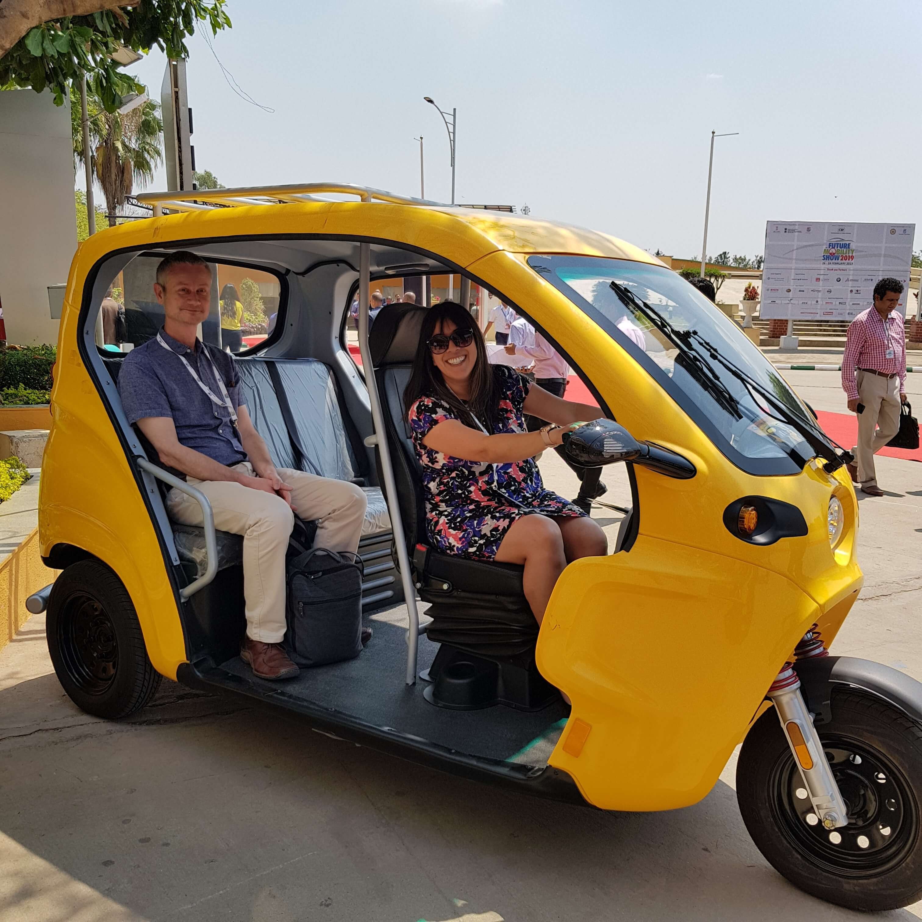Rasita Chudasama testing an electric rickshaw in India