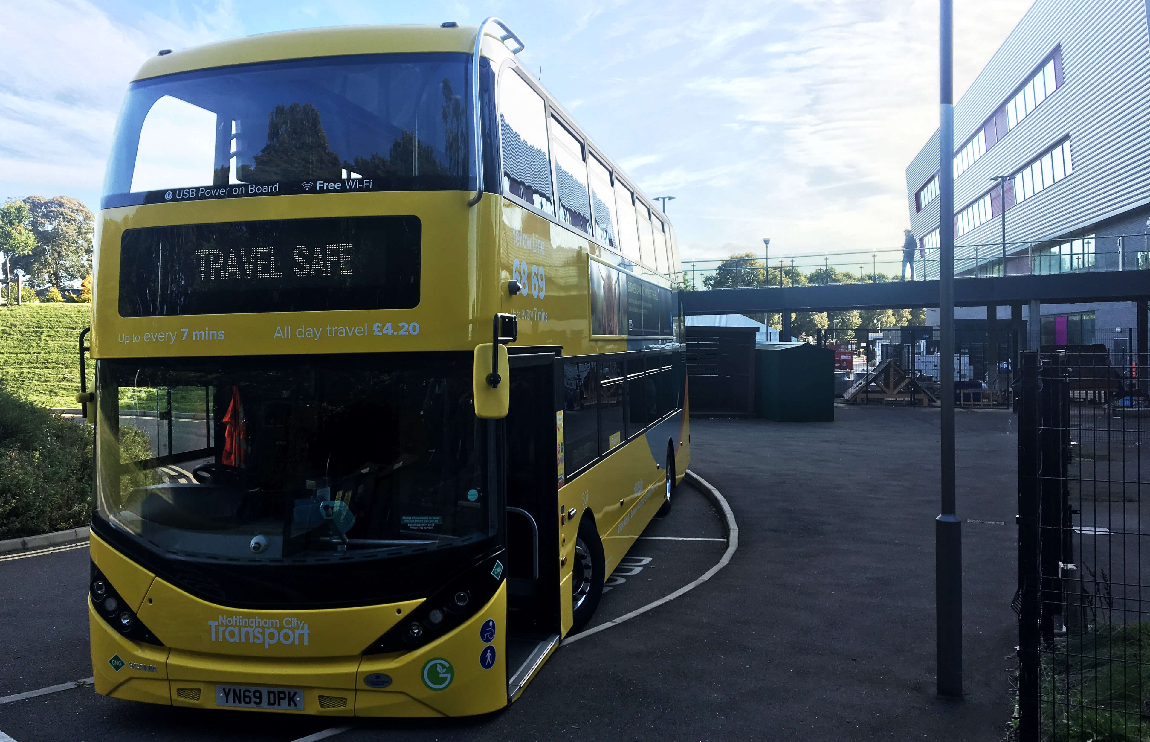 Yellow biogas bus at Nottingham College in Basford for try a bus day