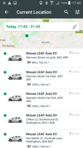 Car club app showing live charging data for electric vehicles