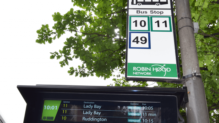 A1 bus stop and new real time sign on Angel Row, Nottingham