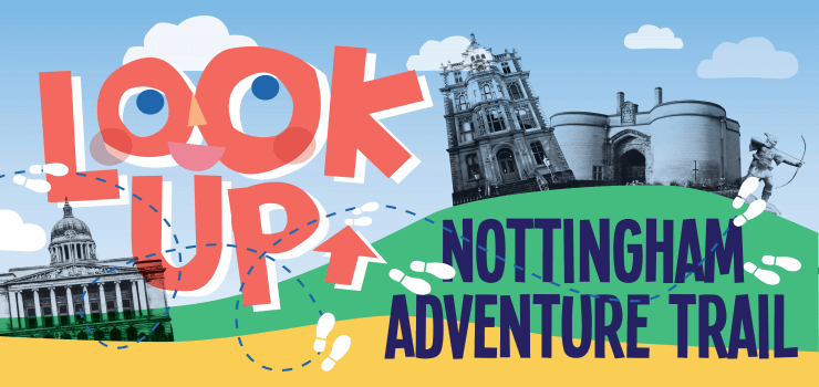 Nottingham skyline with Look up adventure trail logo