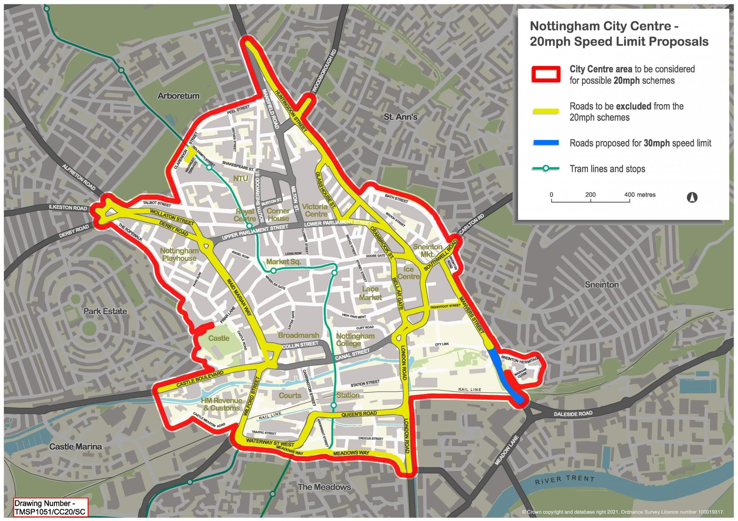 Map showing proposal of roads within Nottingham to become 20mph