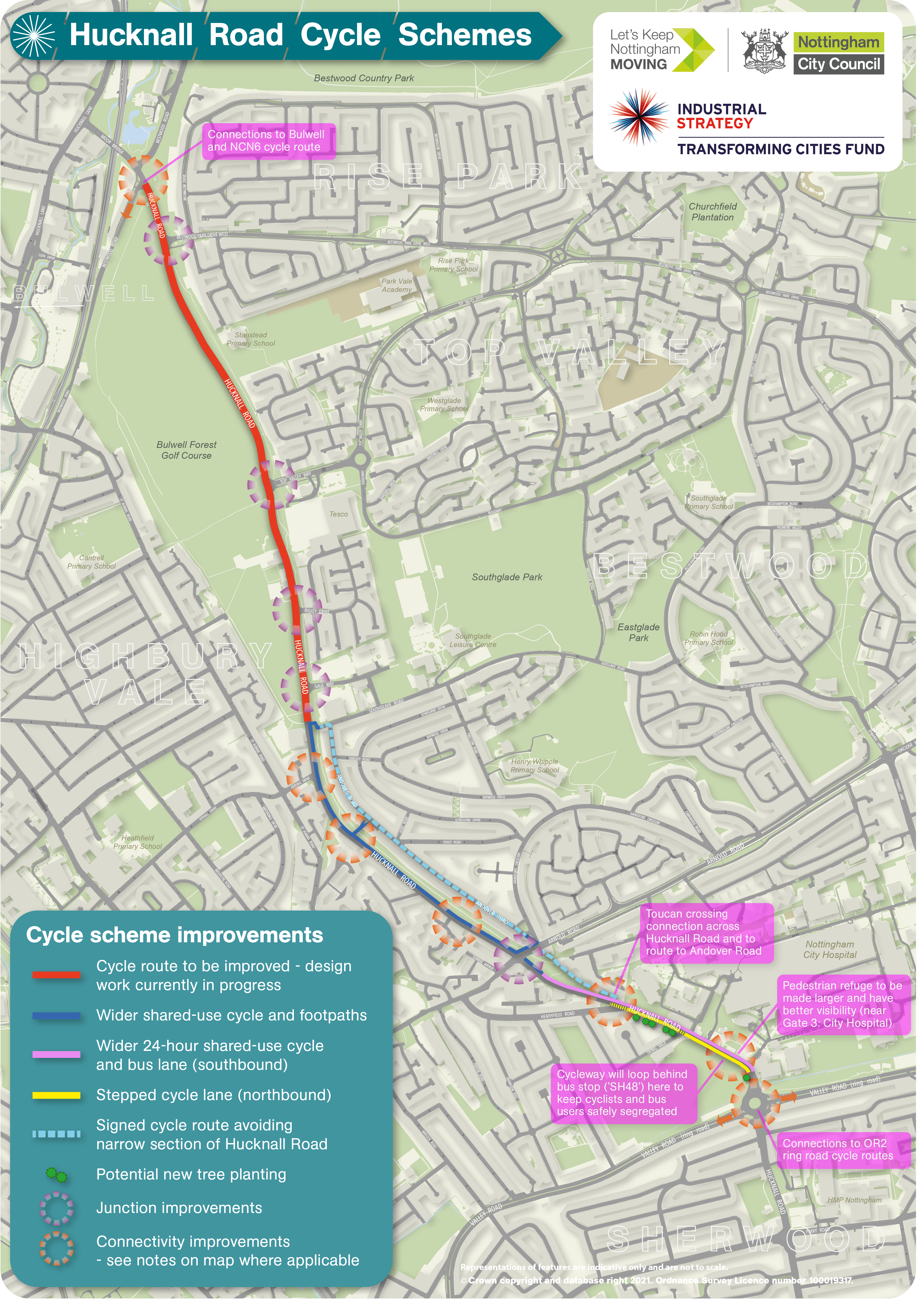 Map showing proposals for Hucknall Road cycle schemes