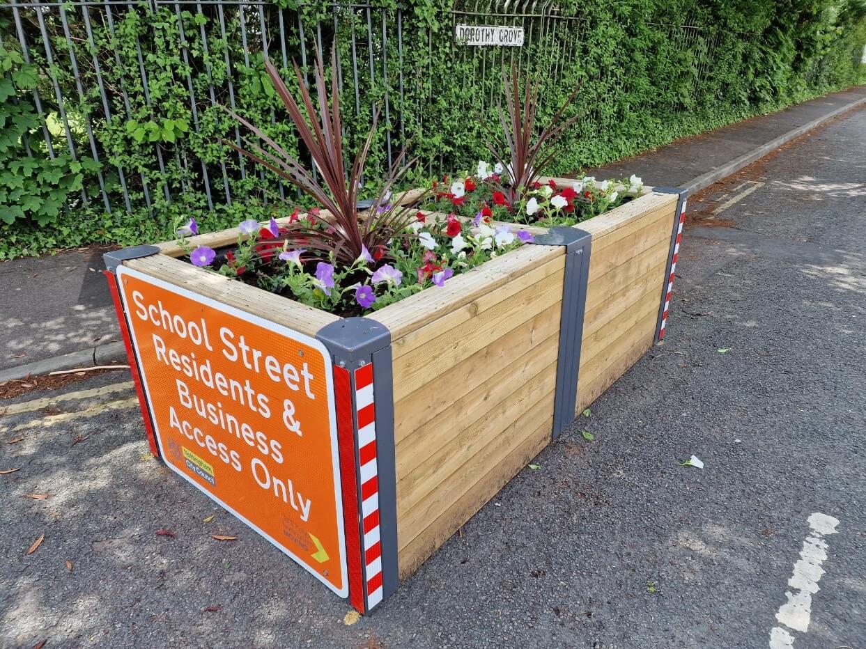 A School Streets planter on Dorothy Grove