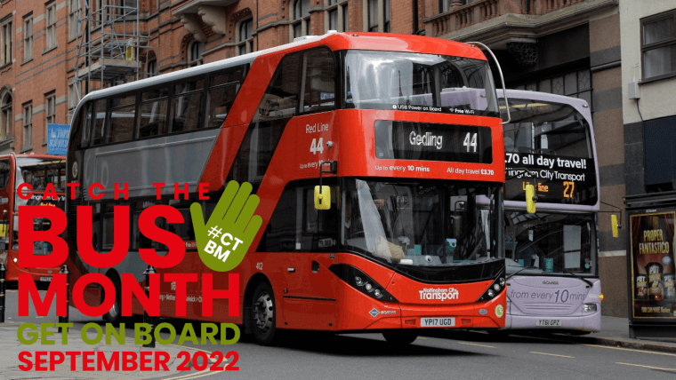 Red 44 bus on King Street in Nottingham, with the Catch the Bus Month logo