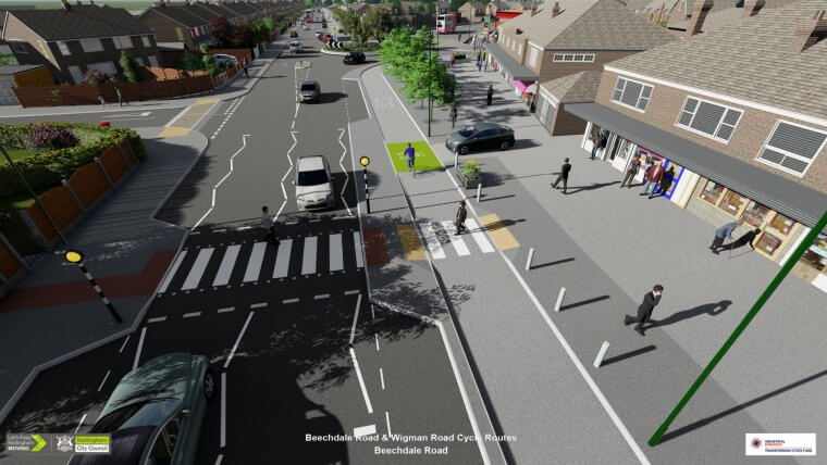 A CGI of the planned works in Bilborough showing a segregated cycle path by Beechdale Road shops.