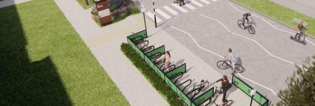 A CGI image of bikes in a neighbourhood hub