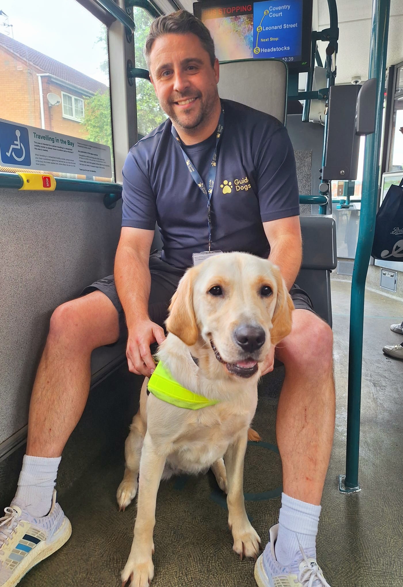 A guide dog lab puppy Opal on the bus with trainer Pete
