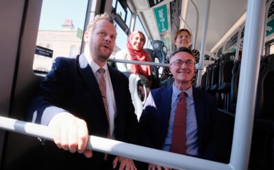 Simon-Lightwood-MP-Cllr-Neghat-Khan-Claire-Ward-and-David-Astill-on-Electric-Bus-scaled